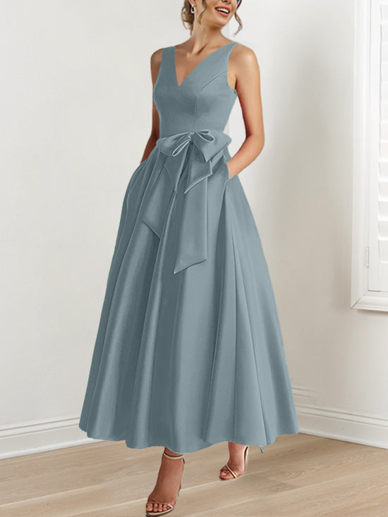 A-Line/Princess V-Neck Sleeveless Ankle-Length Mother of the Bride Dresses with Pockets & Ruffles