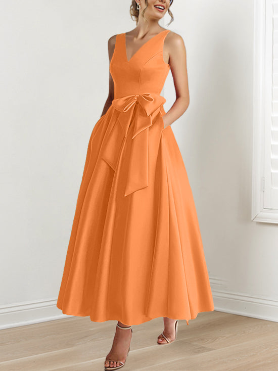 A-Line/Princess V-Neck Sleeveless Ankle-Length Mother of the Bride Dresses with Pockets & Ruffles