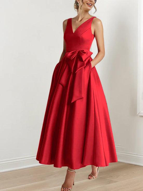 A-Line/Princess V-Neck Sleeveless Ankle-Length Mother of the Bride Dresses with Pockets & Ruffles