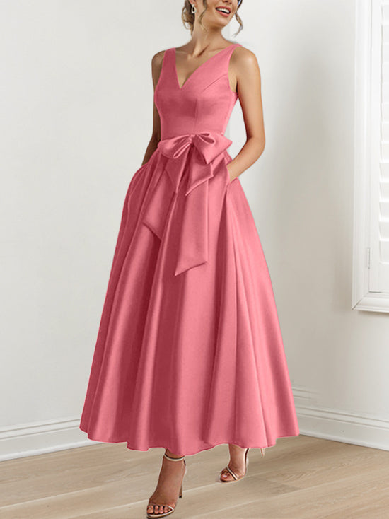 A-Line/Princess V-Neck Sleeveless Ankle-Length Mother of the Bride Dresses with Pockets & Ruffles