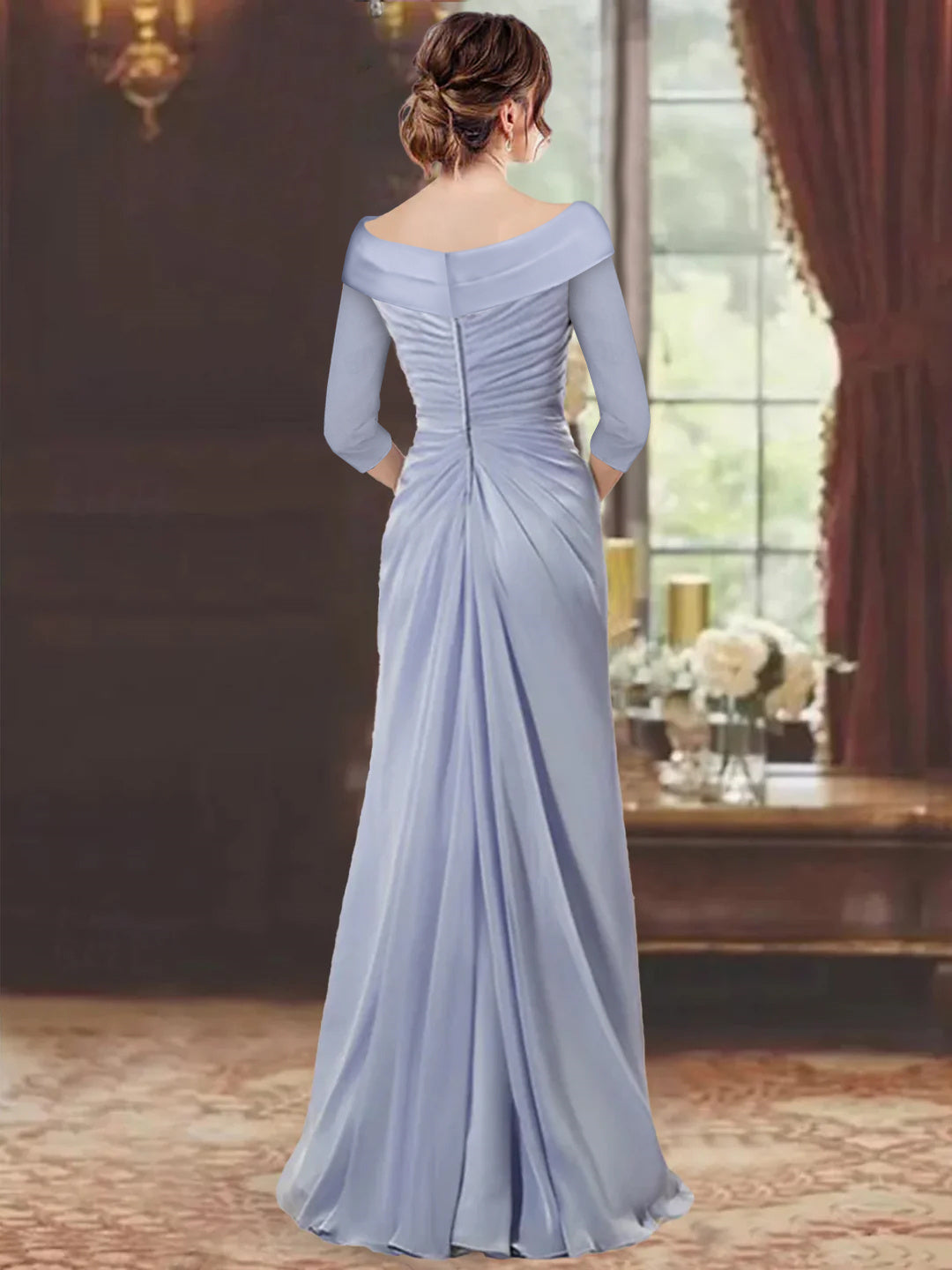 Sheath/Column V-Neck Half Sleeves Floor-Length Mother of the Bride Dresses with Ruffles & Appliques