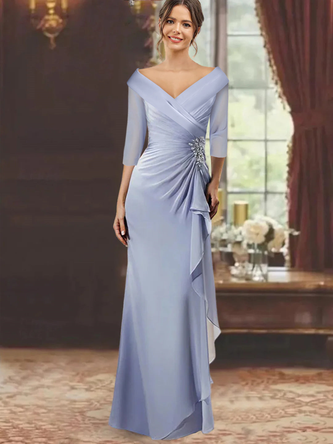 Sheath/Column V-Neck Half Sleeves Floor-Length Mother of the Bride Dresses with Ruffles & Appliques