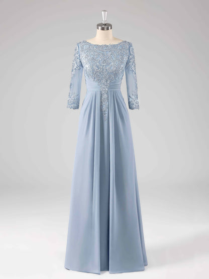Macy Boat Neck Lace Appliqued A-line Long Chiffon Dresses