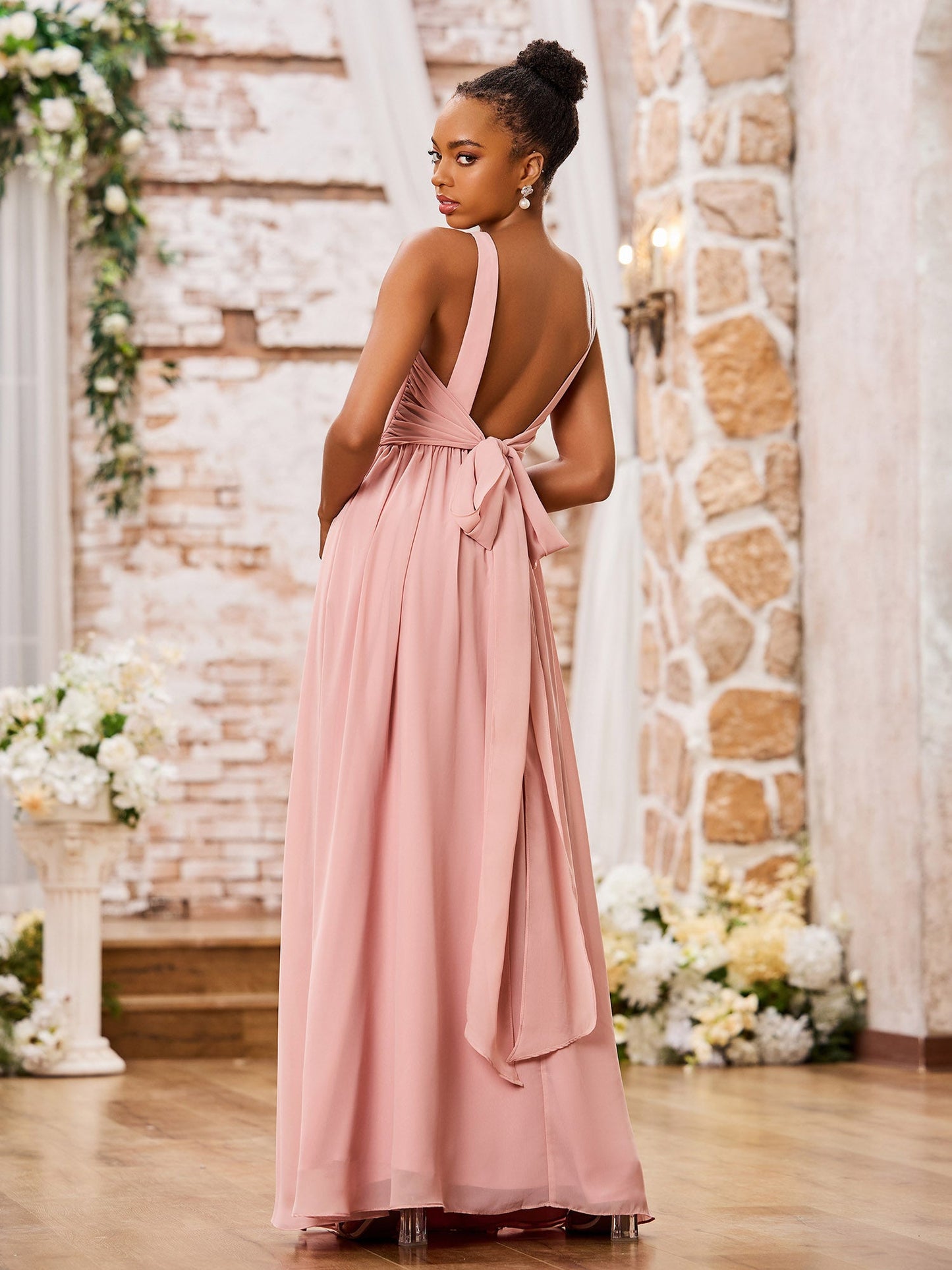 V-neck Shoulder Straps Pleated Maxi Chiffon Dresses Dusty Rose
