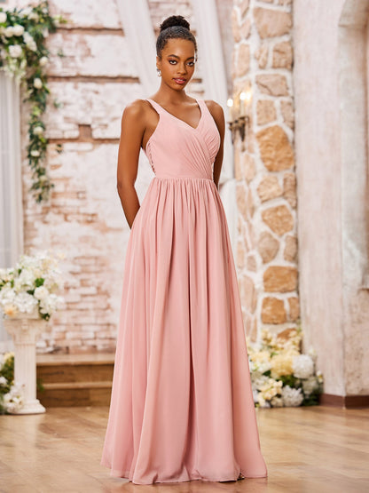 V-neck Shoulder Straps Pleated Maxi Chiffon Dresses Dusty Rose