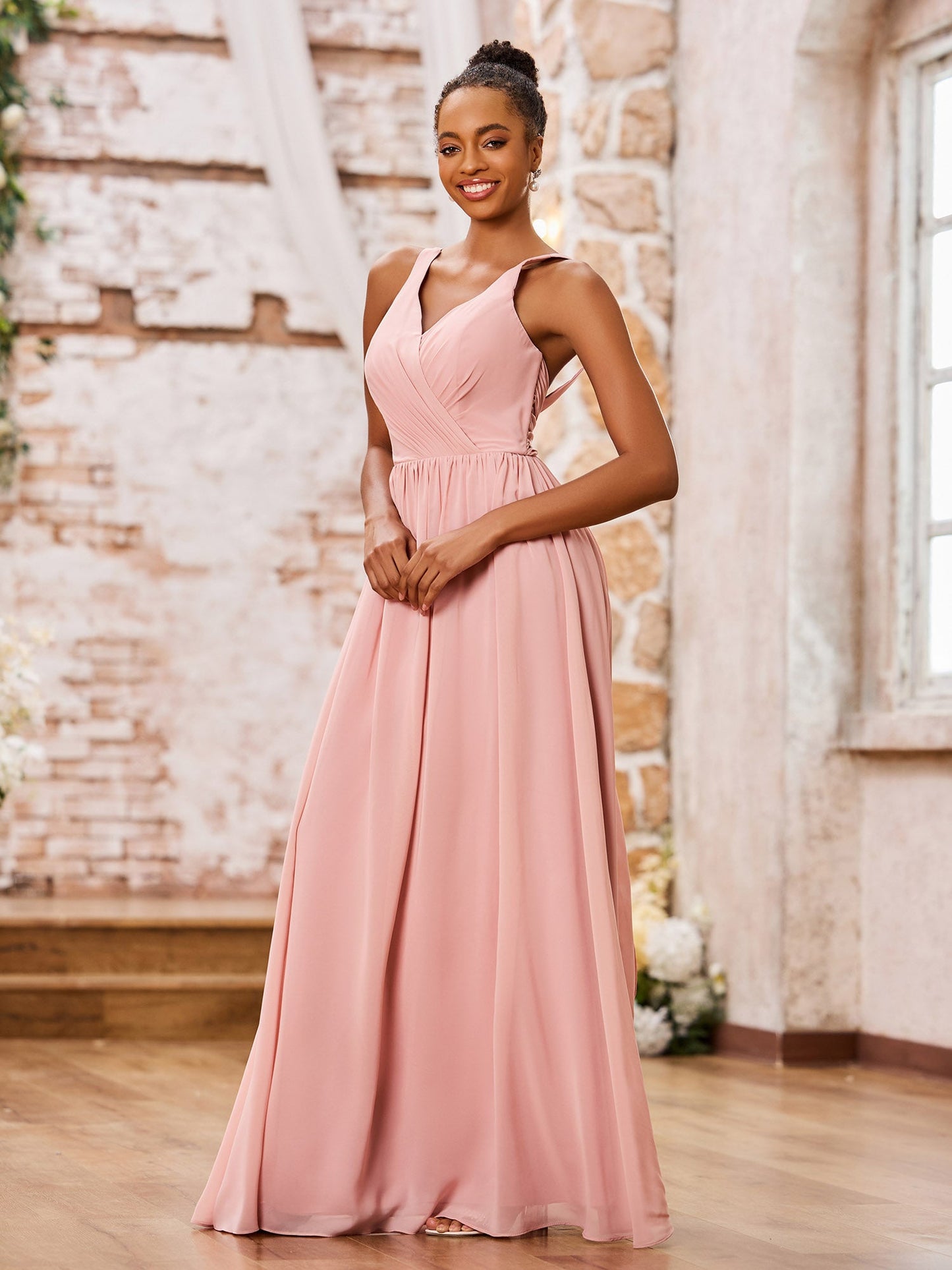 V-neck Shoulder Straps Pleated Maxi Chiffon Dresses Dusty Rose