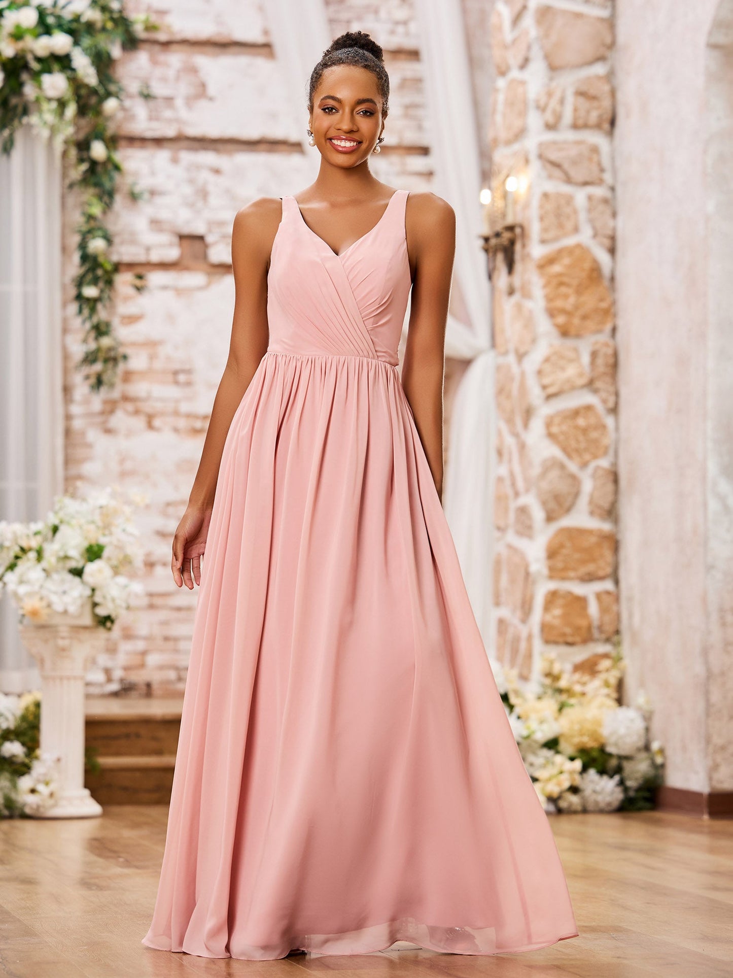 V-neck Shoulder Straps Pleated Maxi Chiffon Dresses Dusty Rose