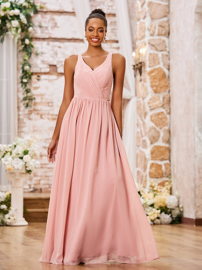 V-neck Shoulder Straps Pleated Maxi Chiffon Dresses Dusty Rose
