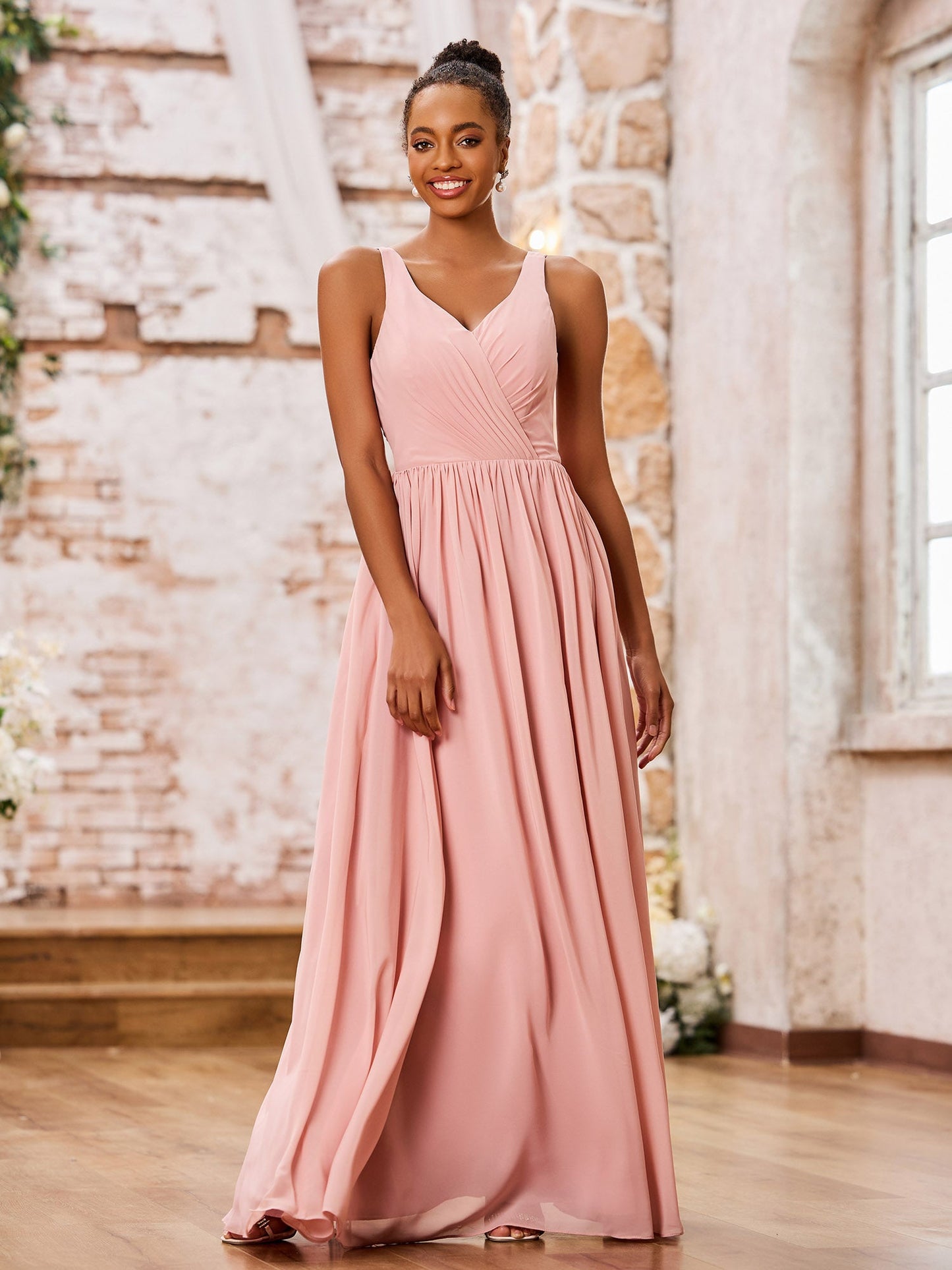 V-neck Shoulder Straps Pleated Maxi Chiffon Dresses Dusty Rose