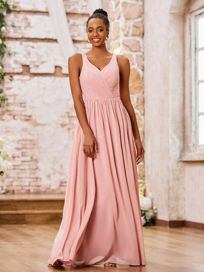 V-neck Shoulder Straps Pleated Maxi Chiffon Dresses Dusty Rose