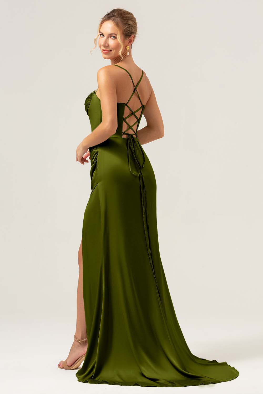 Spaghetti Straps Agave Corset Long Bridesmaid Dress with Slit