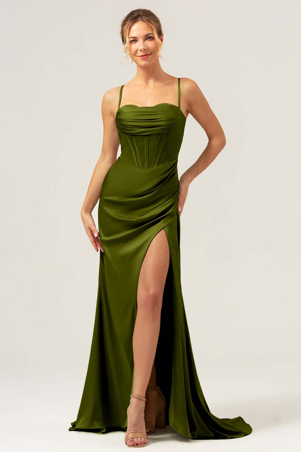 Spaghetti Straps Agave Corset Long Bridesmaid Dress with Slit