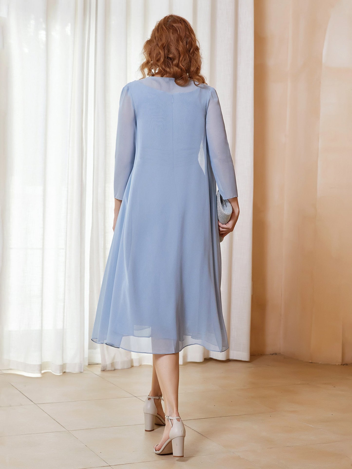 Scoop Ruched Chiffon Dress with Jacket Dusty Blue