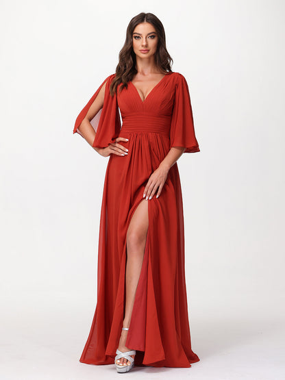 Deep V-neck Chiffon Dresses with Slit Rust