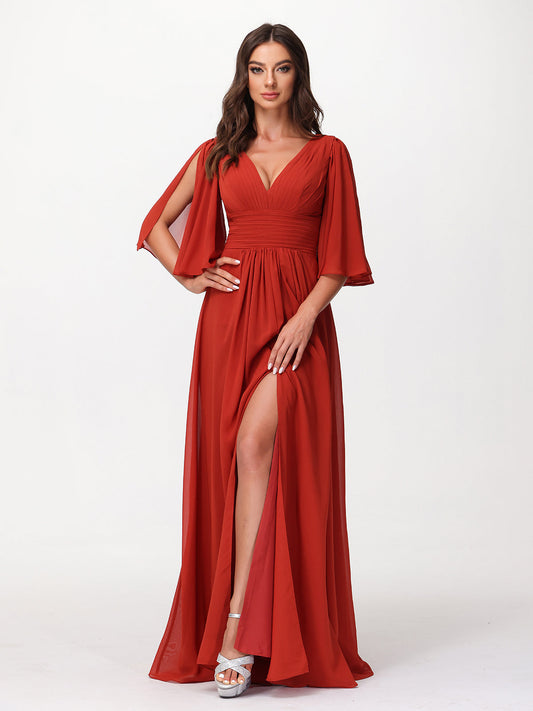 Deep V-neck Chiffon Dresses with Slit Rust