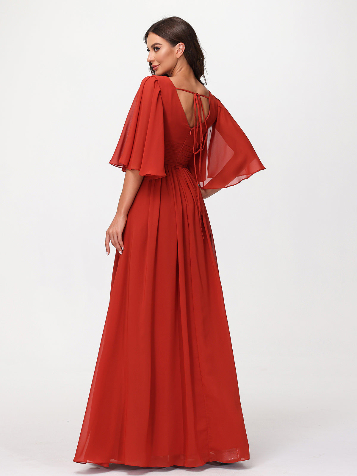 Deep V-neck Chiffon Dresses with Slit Rust