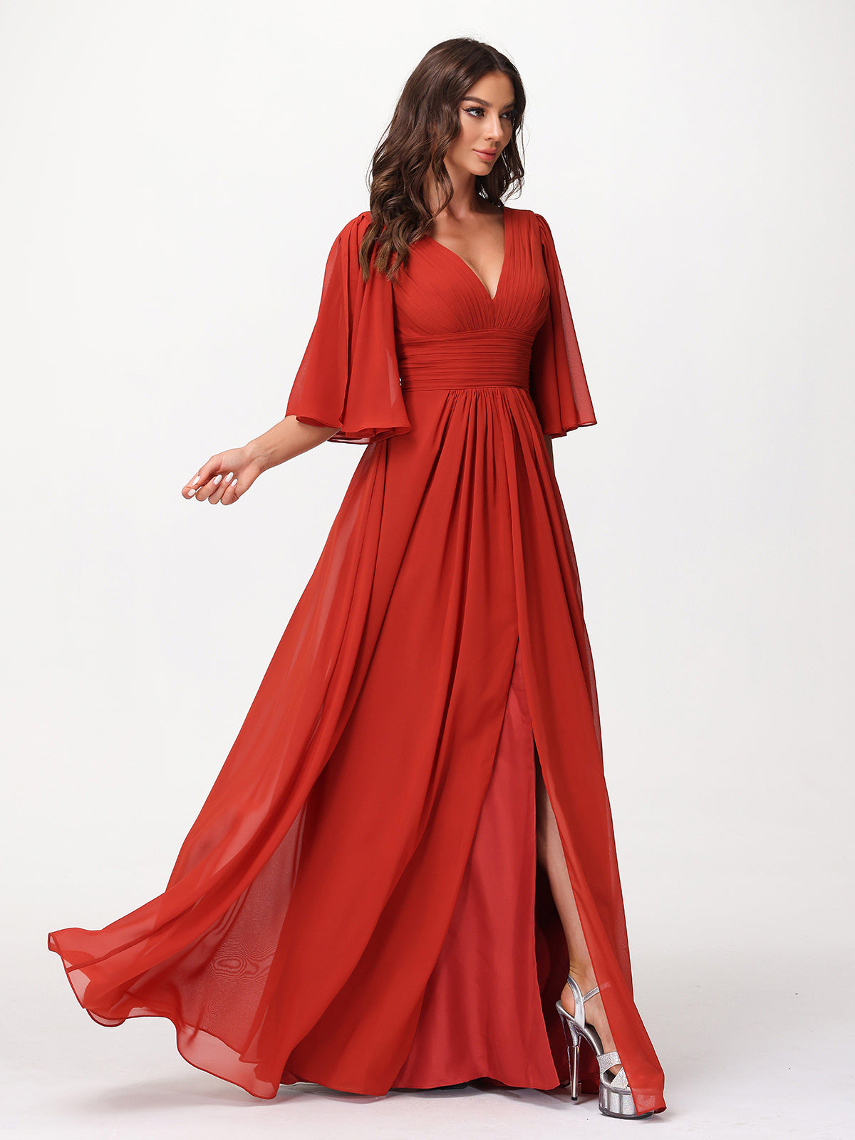 Deep V-neck Chiffon Dresses with Slit Rust