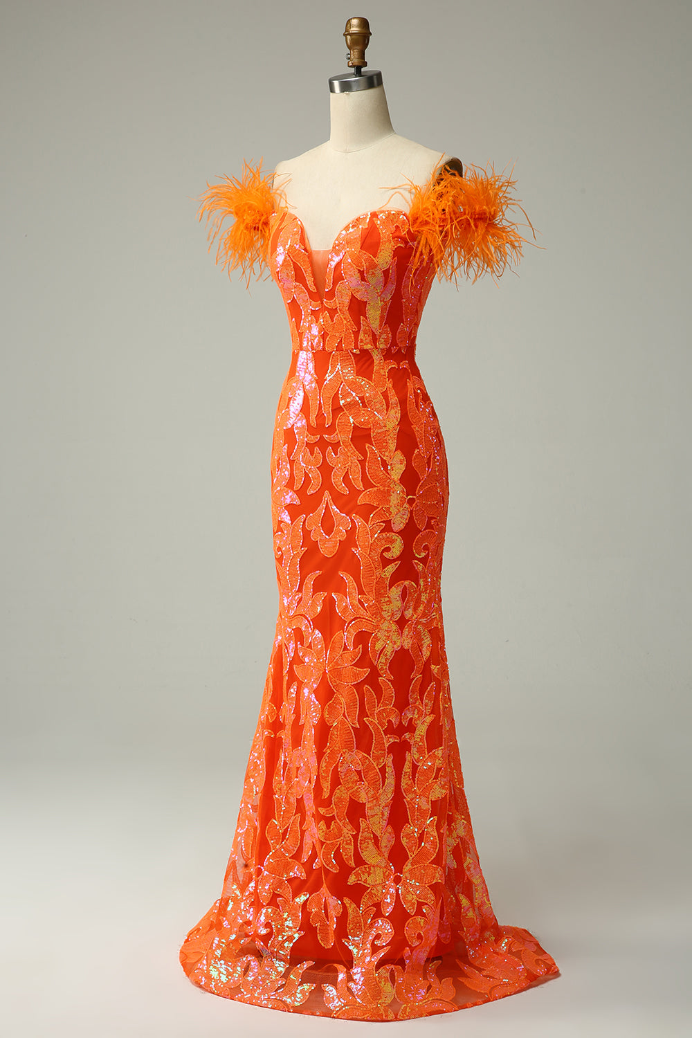 Orange Sequins Off the Shoulder Mermaid Prom Dress with Feathers