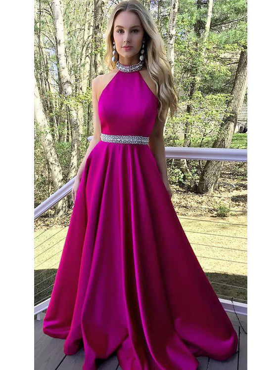 Popular Satin Jewel Neckline Backless Sweep Train A-line Prom Dresses With Rhinestones