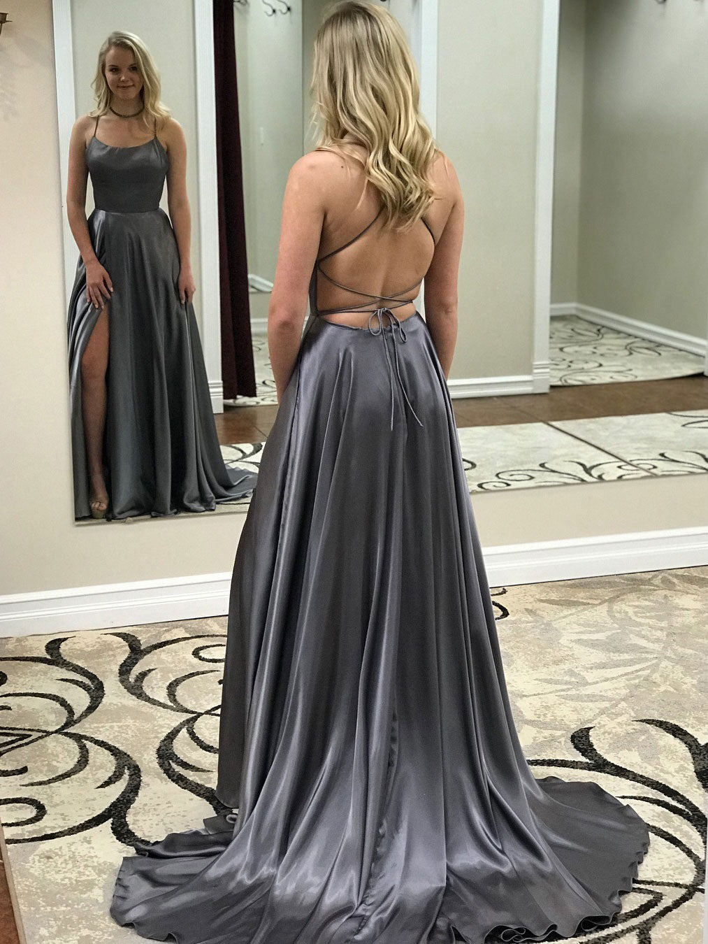 Charming Satin Spaghetti Straps Neckline Sweep Train A-line Prom Dresses With Slit