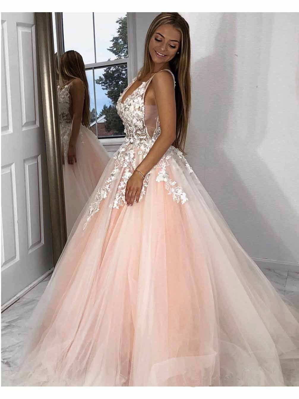 Popular Tulle V-neck Neckline Ball Gown Prom Dresses With 3D Flowers & Pearls