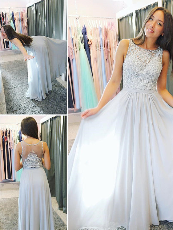 Glamorous Chiffon Scoop Neckline A-line Prom Dresses With Beaded Appliques