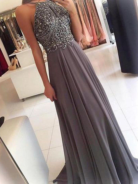 Sparkly Chiffon Jewel Neckline A-line Prom Dresses With Beadings PD240