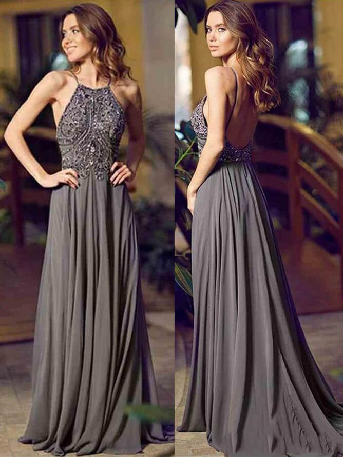 Sparkly Chiffon Jewel Neckline A-line Prom Dresses With Beadings PD240