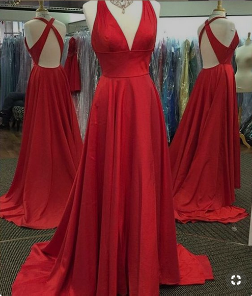 Simple satin V-neck Neckline Chapel Train A -line Prom Dresses