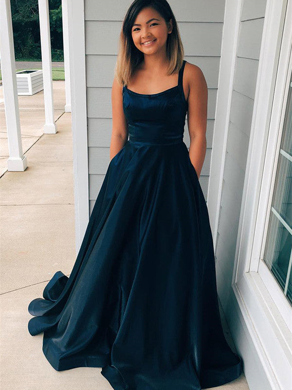 Taffeta Spaghetti Straps A-line Prom Dresses With Pockets