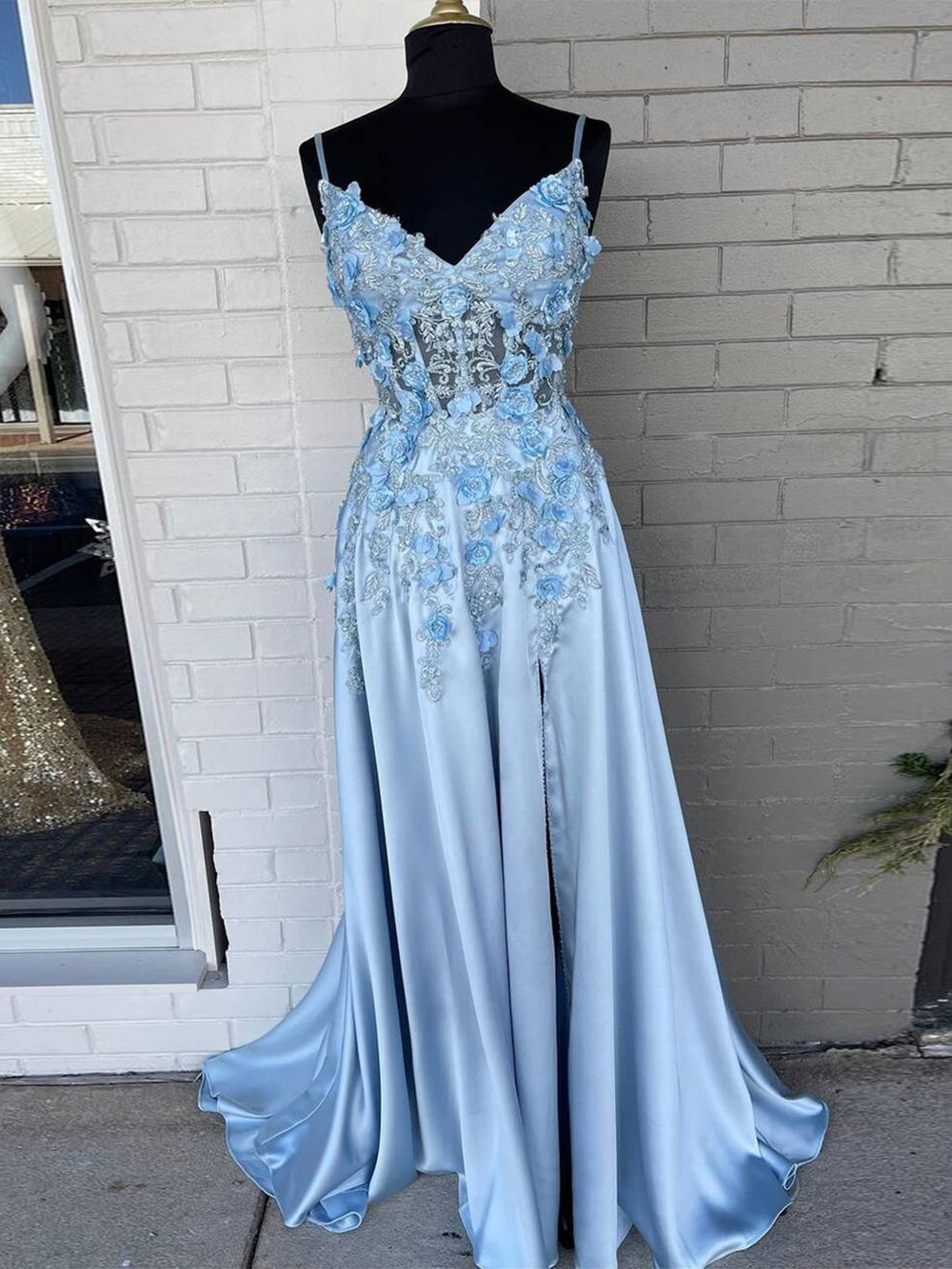 Spaghetti Straps 3D Flowers Prom Dress A Line Prom Gown with Slit