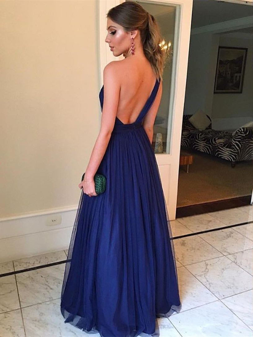 Simple Tulle One Shoulder Backless A-line Prom Dresses