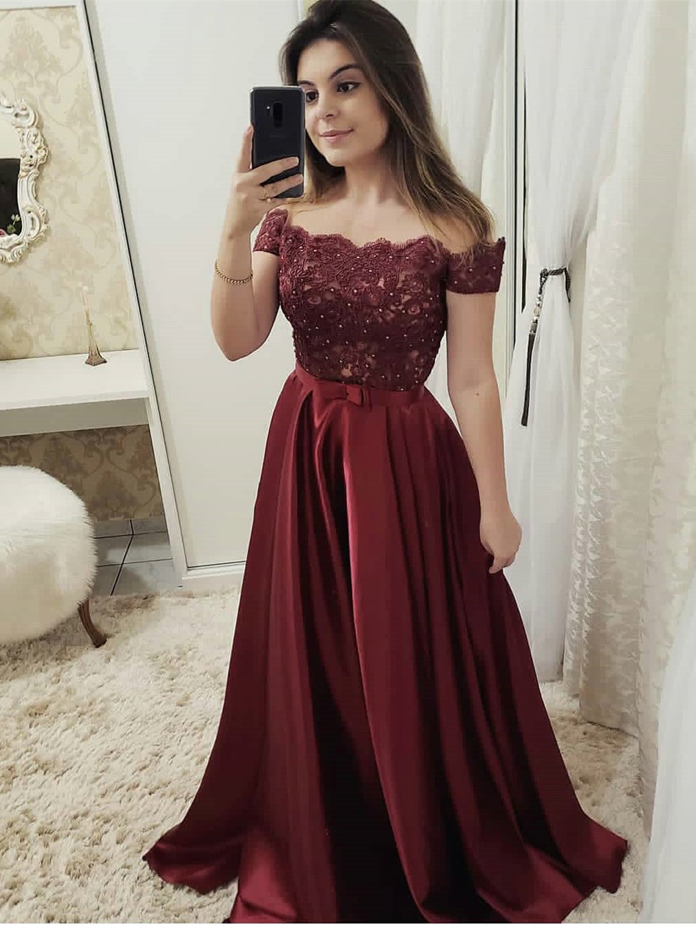 Modern Satin & Lace Off-the-shoulder Short Sleeves A-line Prom Dresses