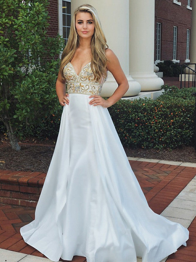 Sparkly Satin Spaghetti Straps Rhinestones A-line Prom Gowns