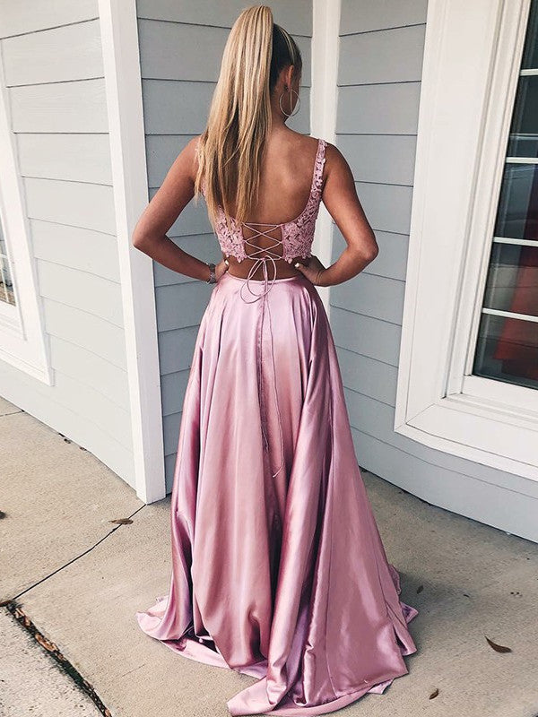 Gorgeous Satin 2 Pieces Prom dresses Square Lace Dresses With Slit PD309