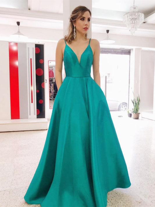Gorgeous Satin A-line prom Dresses Spaghetti Straps Gowns