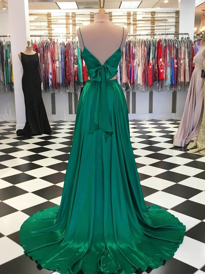 Modest Satin A-line Prom Dresses 2 pieces Spaghetti Straps Gowns