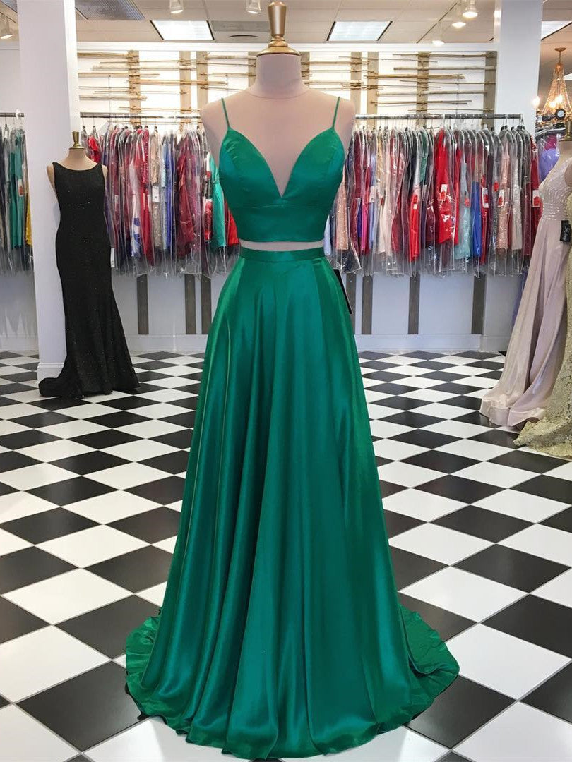 Modest Satin A-line Prom Dresses 2 pieces Spaghetti Straps Gowns