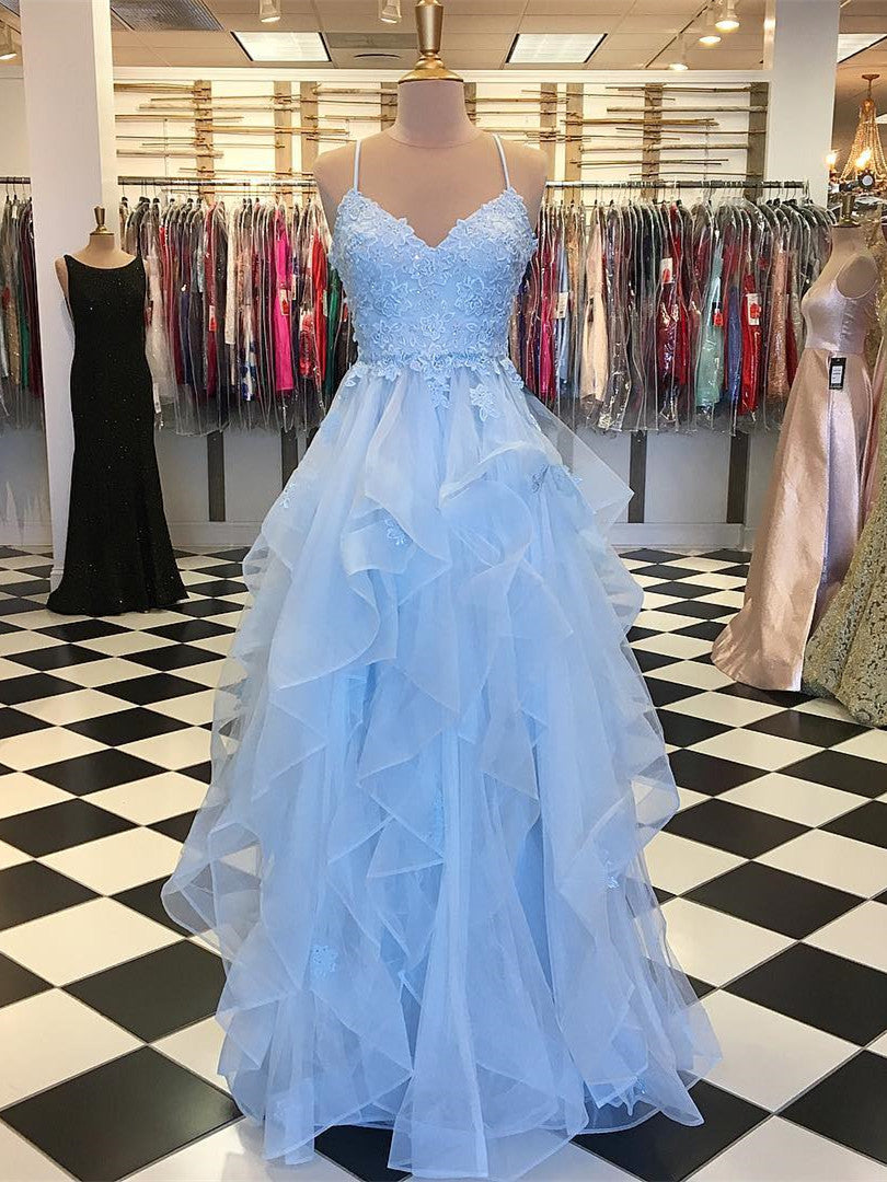 Popular Tulle Prom Dresses Appliqued Tiered A-line Gowns