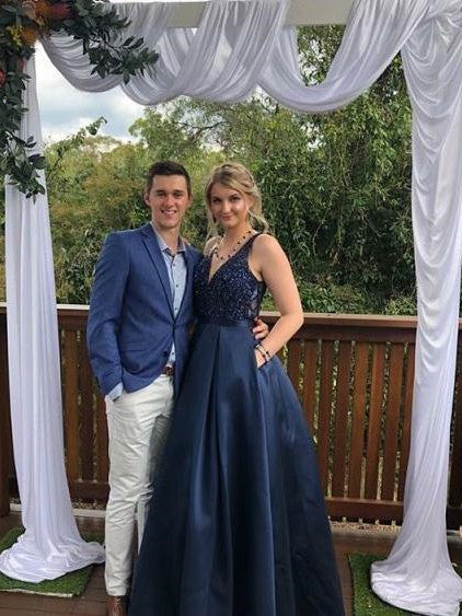 Stunning V-neck Satin Prom Dresses A-line Beaded Gowns With Sweep Train