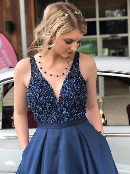 Stunning V-neck Satin Prom Dresses A-line Beaded Gowns With Sweep Train