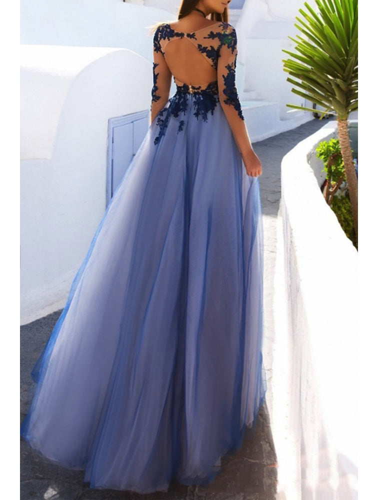 Marvelous Tulle Long Sleeves Prom Dresses A-line Appliqued Illusion Gowns