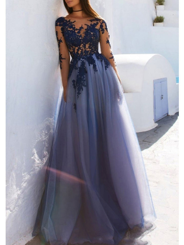 Marvelous Tulle Long Sleeves Prom Dresses A-line Appliqued Illusion Gowns