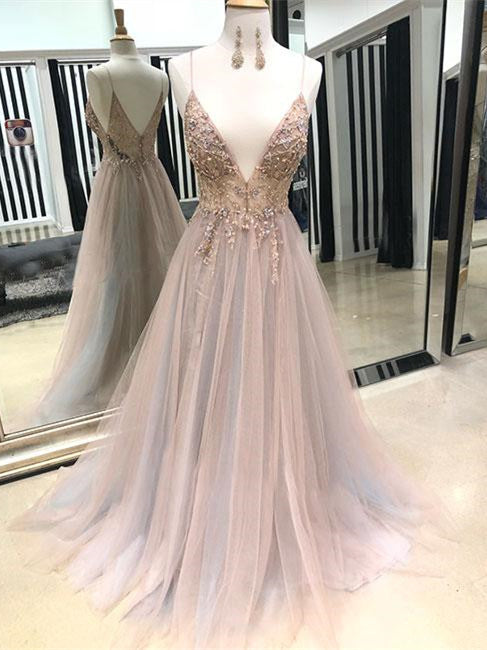 Eye-catching Illusion Prom Dresses Tulle Spaghetti Straps A-line Formal Gowns