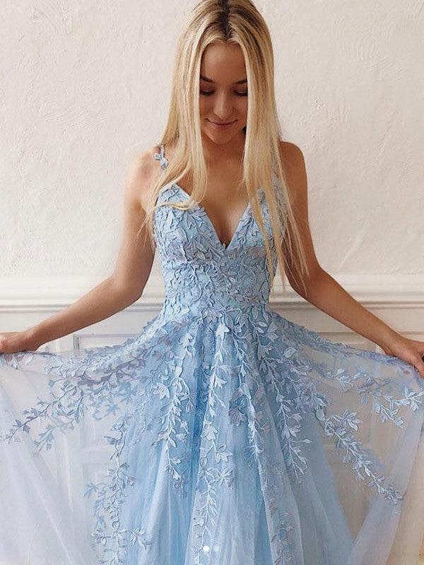 Spaghetti Straps A-line Prom Dresses Tulle Appliqued Gowns