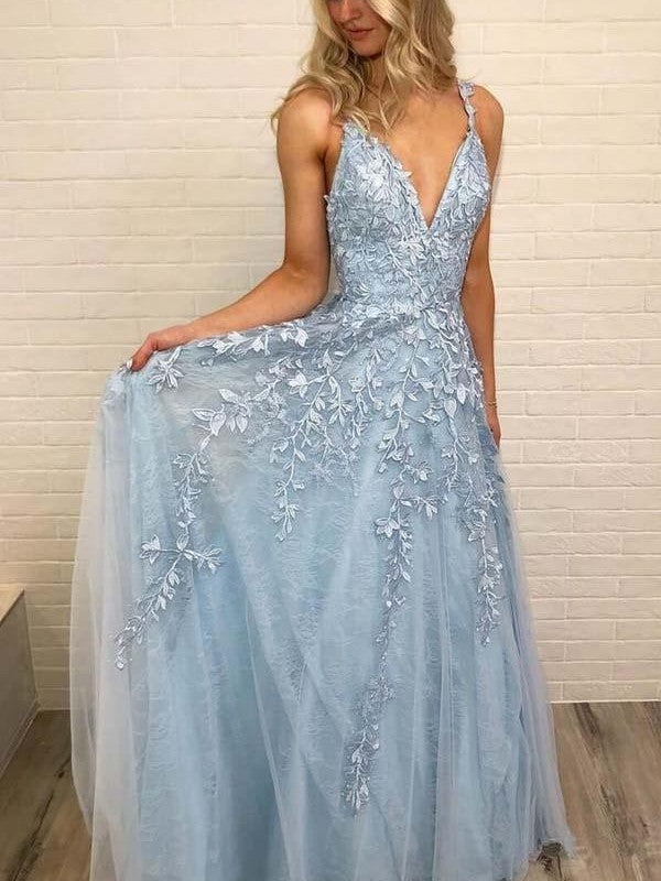 Spaghetti Straps A-line Prom Dresses Tulle Appliqued Gowns