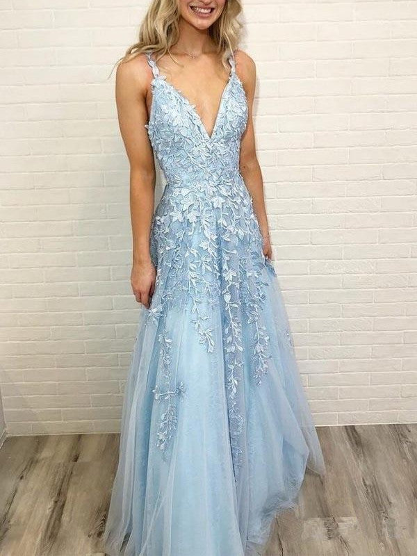 Spaghetti Straps A-line Prom Dresses Tulle Appliqued Gowns