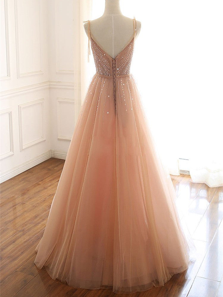 Shining Beaded A-line Prom Dresses Tulle Long Evening Gowns