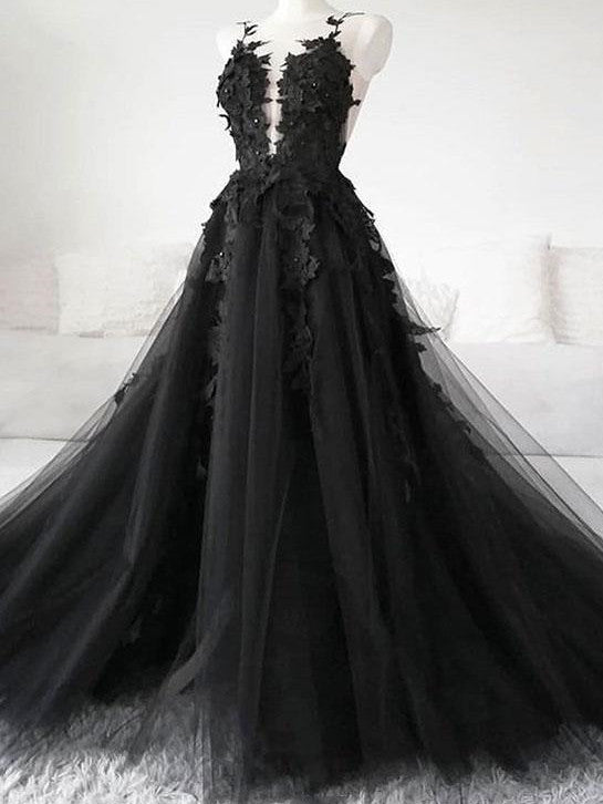 Stunning Tulle Prom Dresses A-line Appliqued Evening Gowns