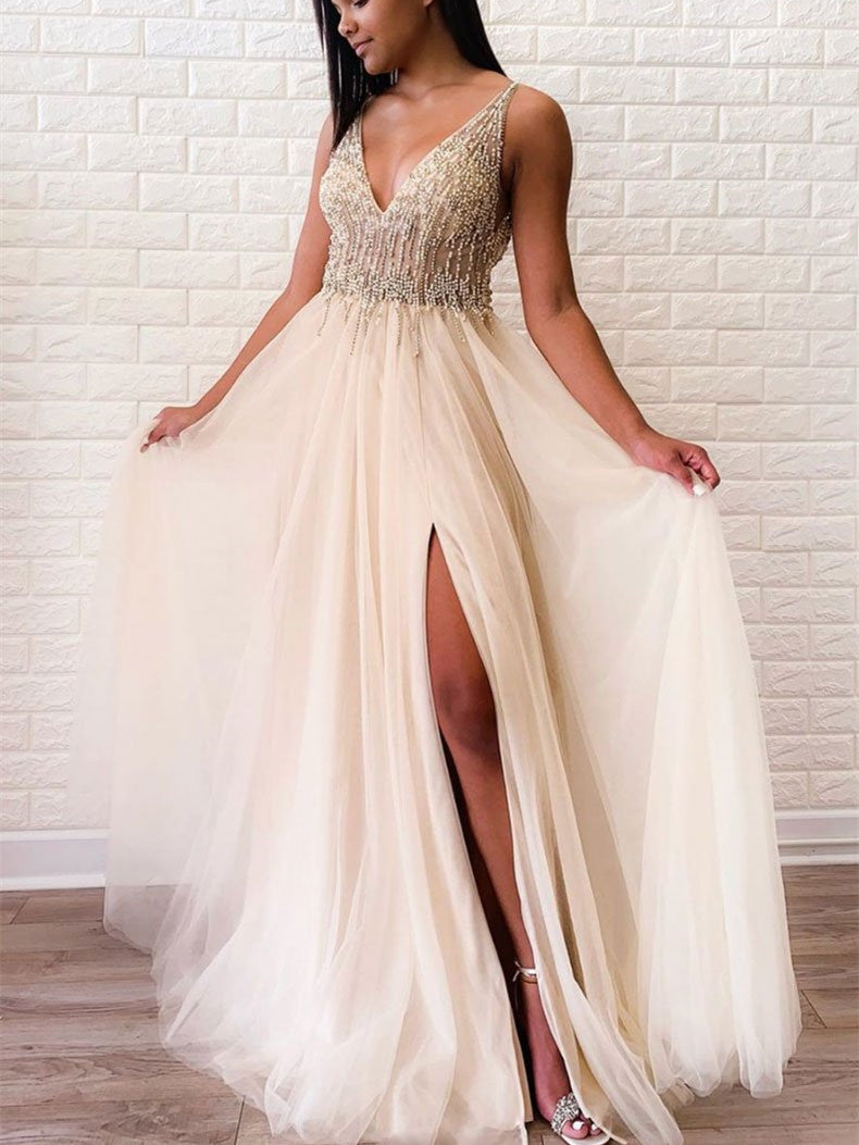 Shimmering Tulle Prom Dresses A-line Beaded Gownss With Slit